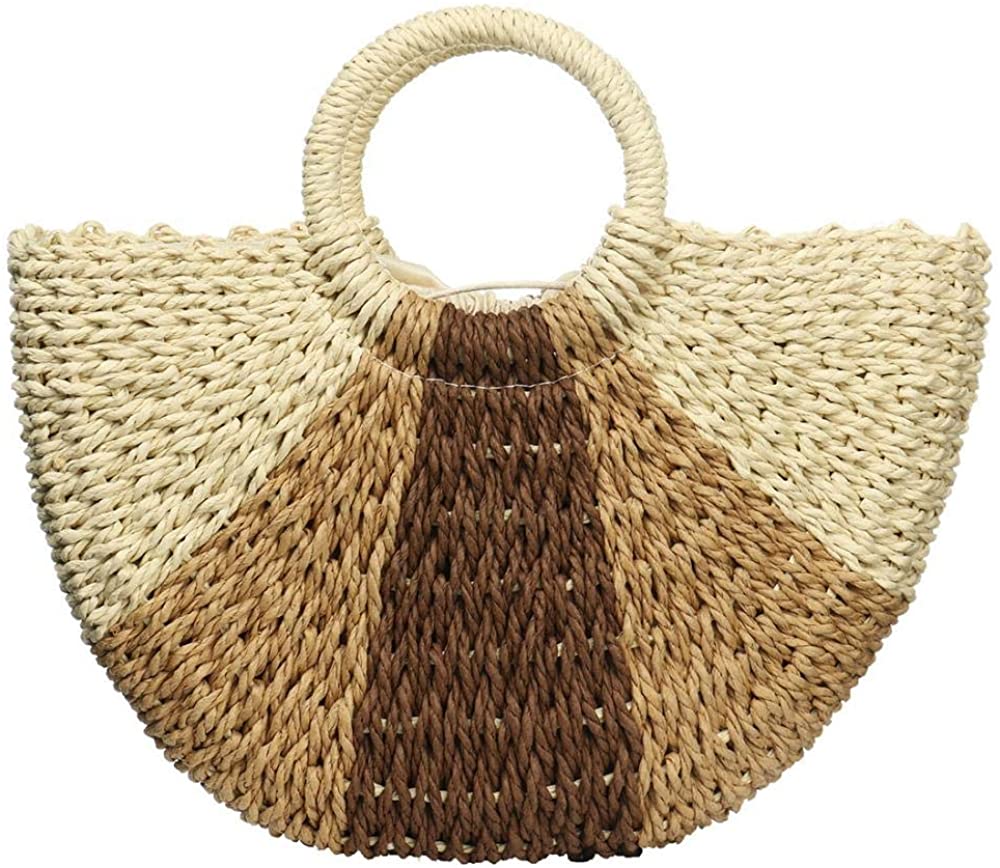Price:$29.99    Round Tote Straw Bag Handwoven Rattan Bag for Women Top Handle Bohemian Straw Shoulder Purse Beach Carrying Handbag  Clothing