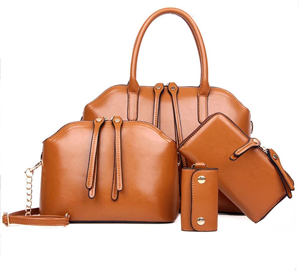 Price:$25.99    FiveloveTwo Women 4Pcs Bag Set Top Handle Satchels Shoulder Crossbody Bag Large Tote + Purse + Shoulder Bag + Card Holder Brown  Clothing