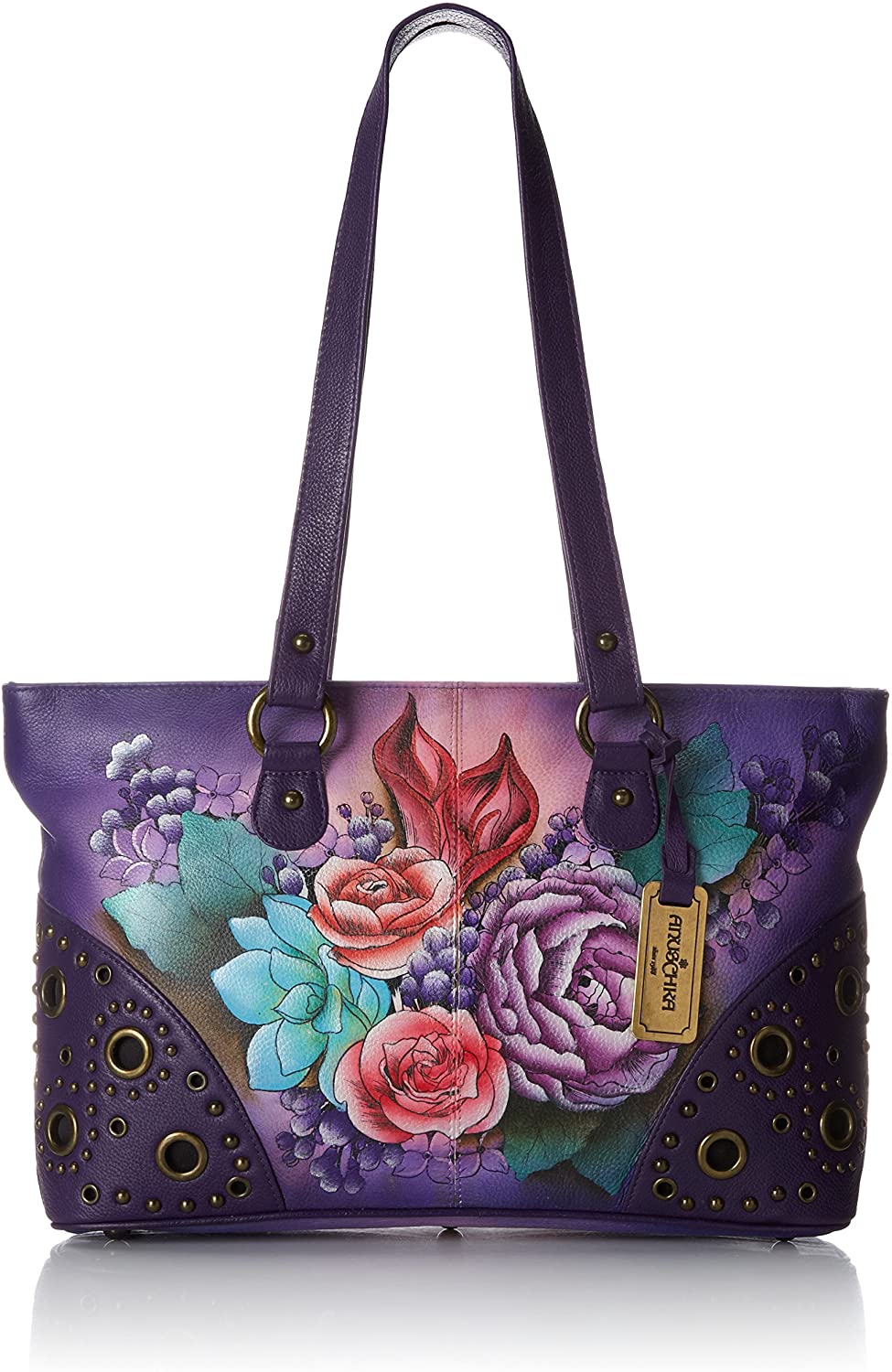 Price:$299.00    Anuschka Women's Genuine Leather Shoulder Bag | Hand Painted Original Artwork | Double Zip Entry Shopper | Lush Lilac  Clothing