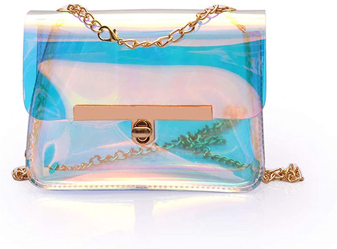 Price:$14.99 Marchome Holographic Clear Messenger Bag Chain Crossbody Shoulder Bag for Women Clear, Small  Handbags   