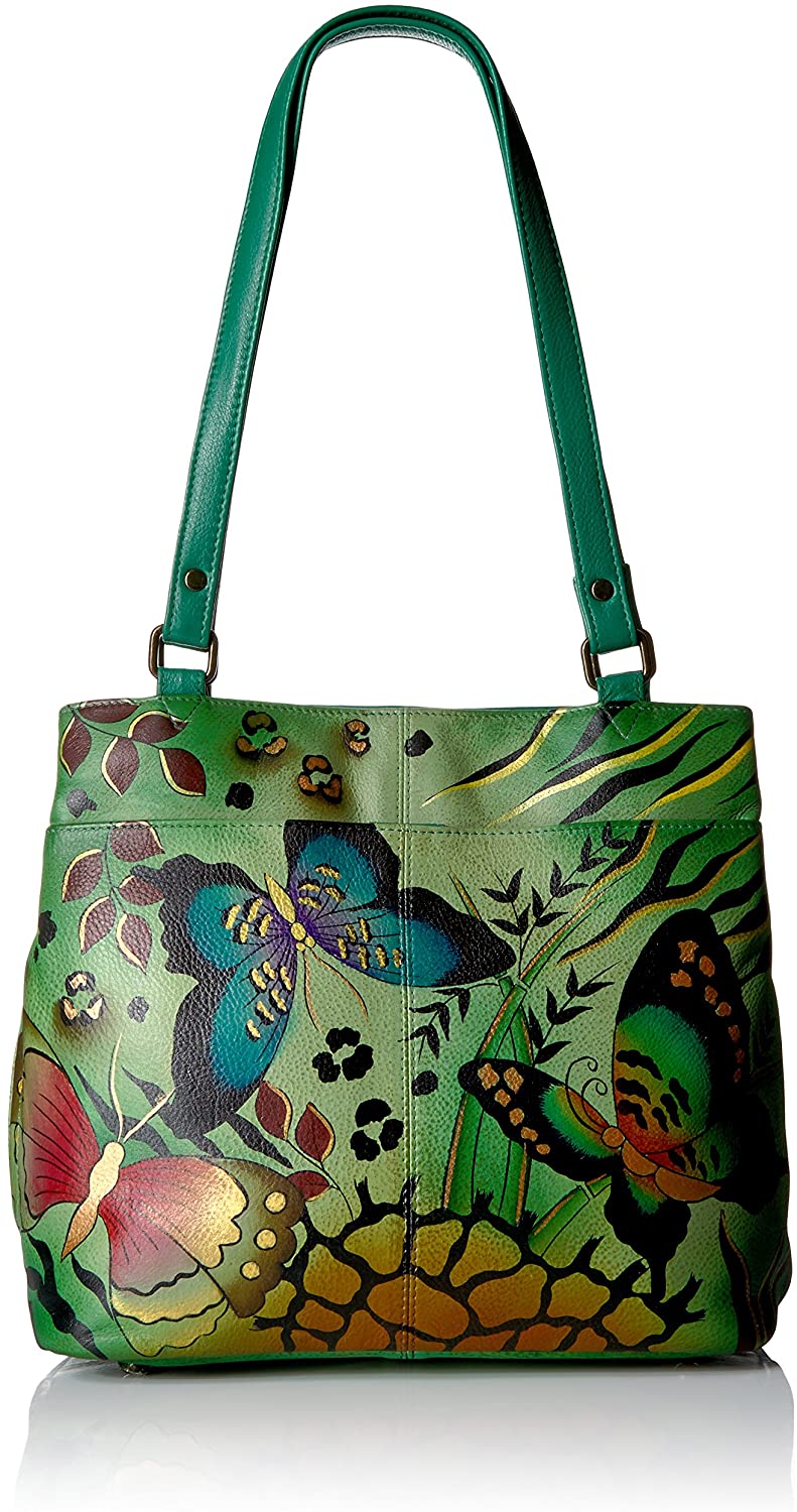 Price:$0.00    Anna by Anuschka Women's Genuine Leather Large Twin Compartment Tote Bag | Hand Painted Original Artwork | Animal Butterfly Green  Clothing