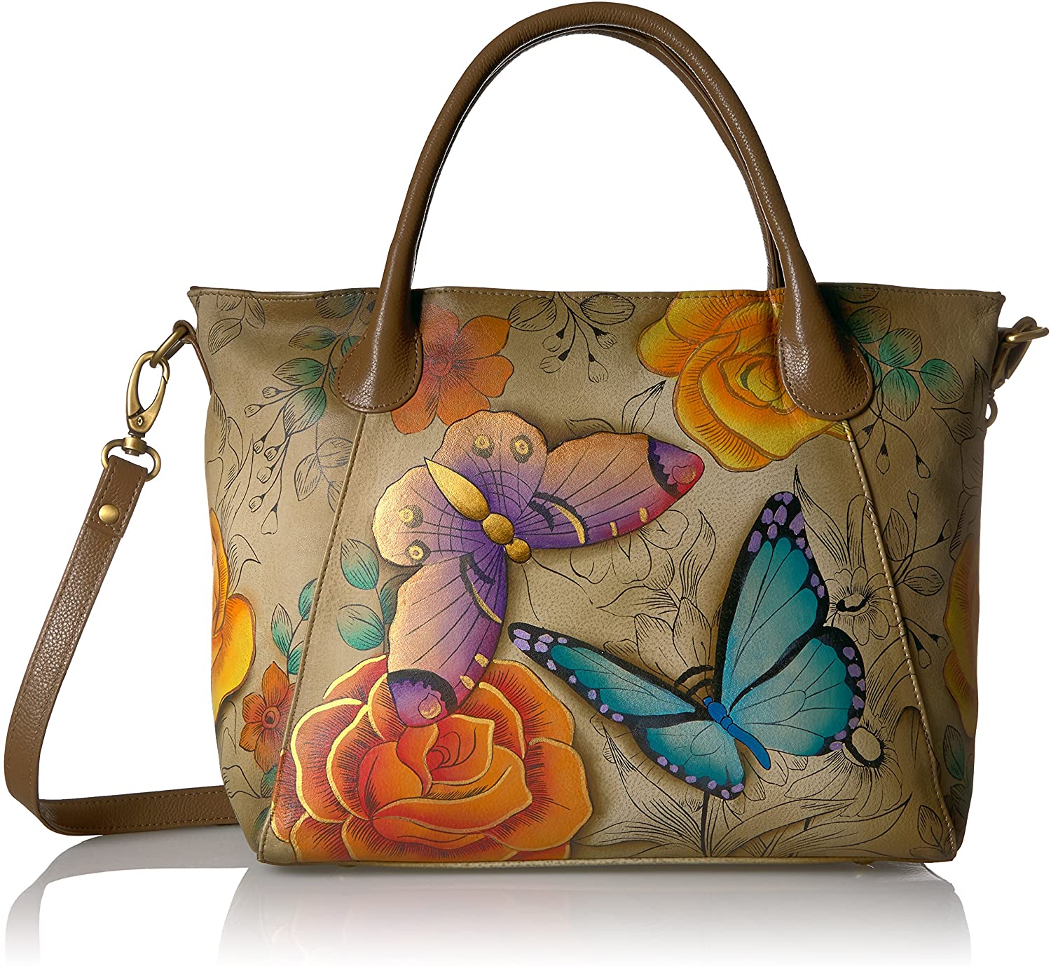 Price:$189.00    Anna by Anuschka Women's Genuine Leather Large Slouch Tote Bag | Hand Painted Original Artwork | Floral Paradise Tan  Clothing