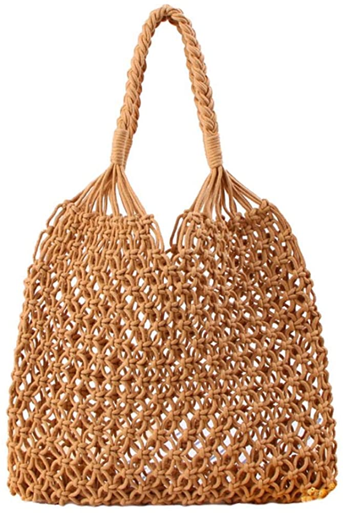 Price:$13.99    Women Straw Bag Handmade Hand-woven Large Straw Tote Bag Square Fishing Net Handbag with Square Top Handle Shoulder Bags (Khaki)  Clothing
