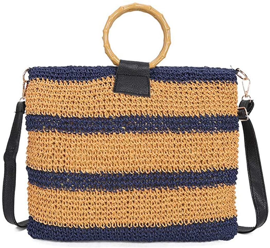 Price:$19.99    Women Stripe Straw Bag Summer Straw Woven Beach Shoulder Crossbody Bag Weaving Purse Handbag (Brown with blue stripe)  Clothing