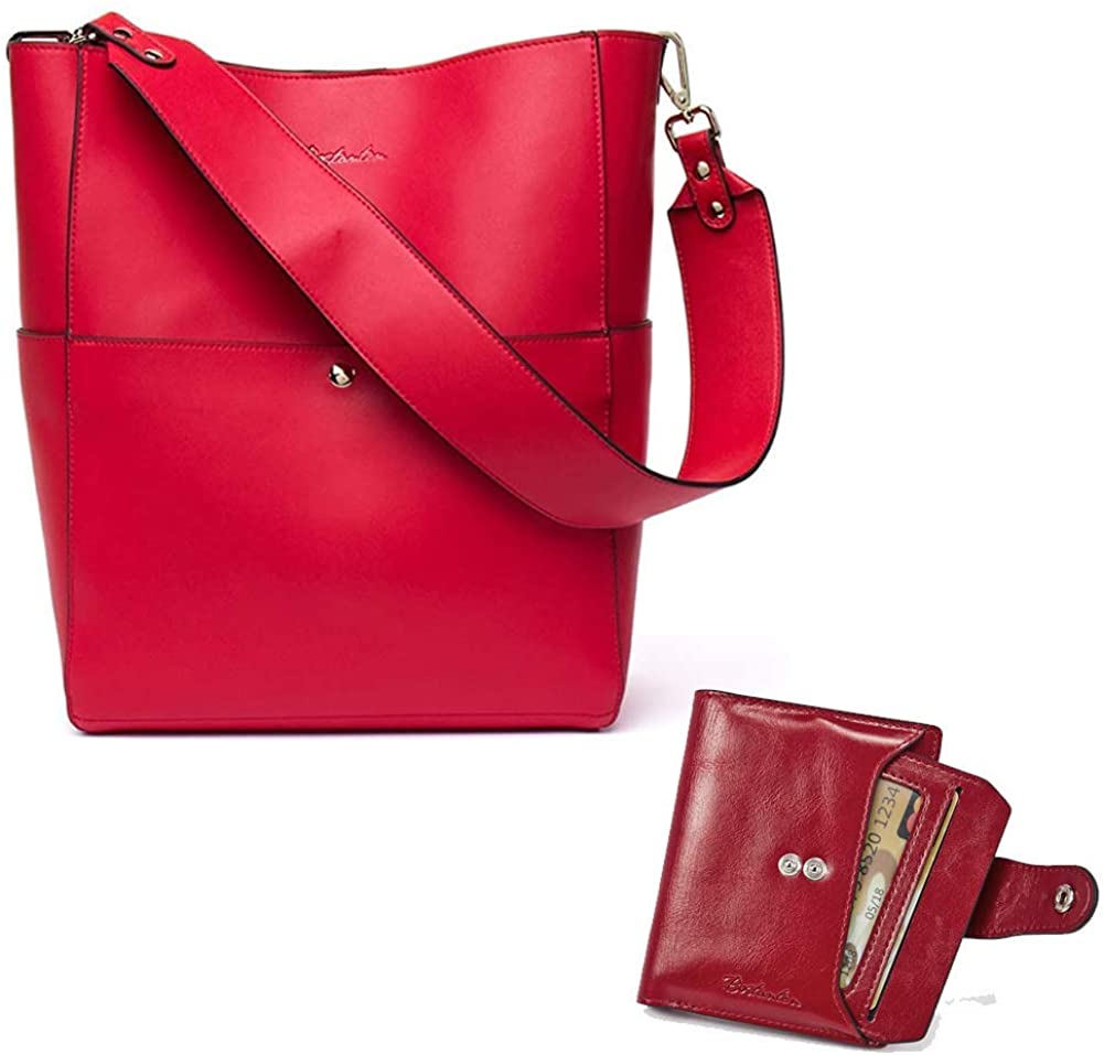Price:$0.00    BOSTANTEN Women's Leather Designer Handbags Tote Purses Shoulder Bucket Bags and Leather Wallet RFID Blocking Small Bifold Zipper Pocket Wallet Card Case Red Bundle  Clothing
