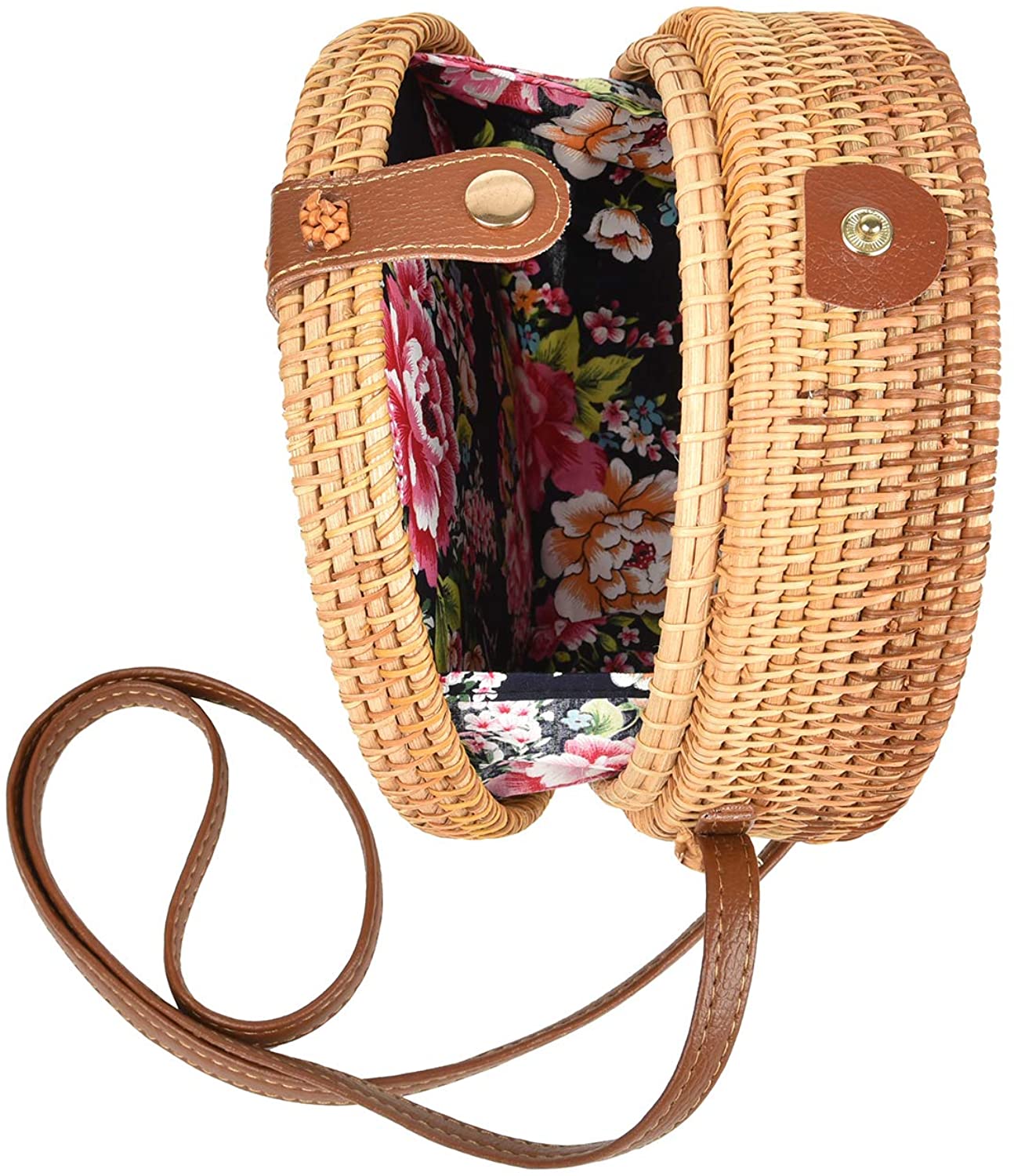 Price:$19.99 Handwoven Round Rattan Bag Tropical Beach Style Woven Shoulder Rattan Bag with Leather Buckle  Handbags   