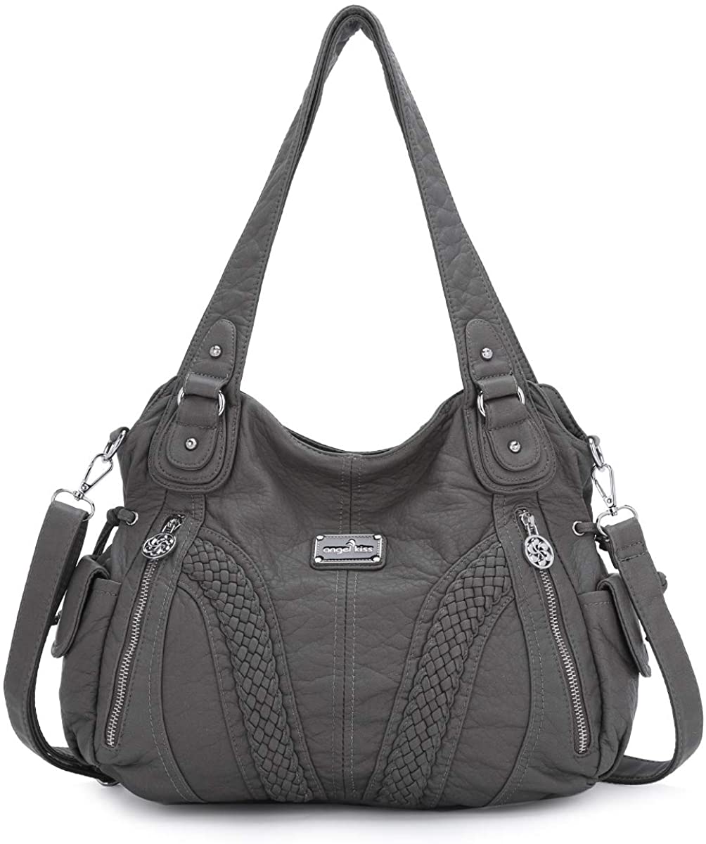 Price:$33.30    Angelkiss Women Top Handle Satchel Handbags Shoulder Bag Messenger Tote Washed Leather Purses Bag (D.Grey) …  Clothing