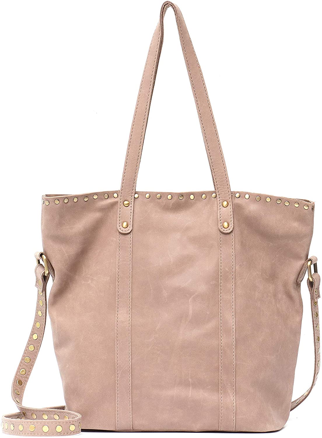 Price:$111.00    Women Shoulder Handle Bag STEPHIECATH Brand Vintage Leather Cross body Bag Rivet Style Cow Leather Female Tote Handbag (NATURAL)  Clothing