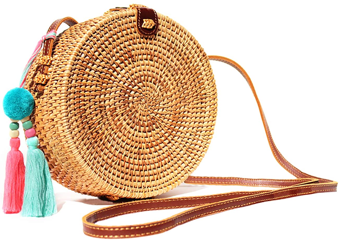 Price:$34.99    Handwoven Round Rattan Bag, Leather Shoulder Strap, Two Pocket Boho Bali Wicker Crossbody Handbag  Clothing