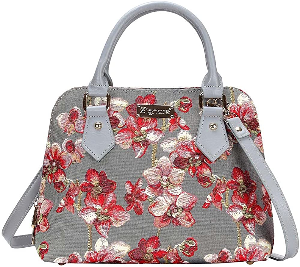 Price:$44.99    Signare Tapestry Handbag Satchel Bag Shoulder bag and Crossbody Bag and Purse for women with Orchid Grey and Red Design (CONV-ORC)  Clothing