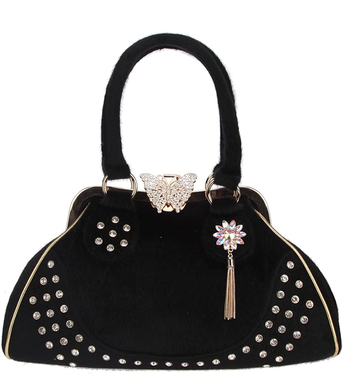Price:$57.45 Fawziya Butterfly Tassel Fur Large Shoulder Bags For Women Rhinestones Purse And Handbags-Black  Handbags   