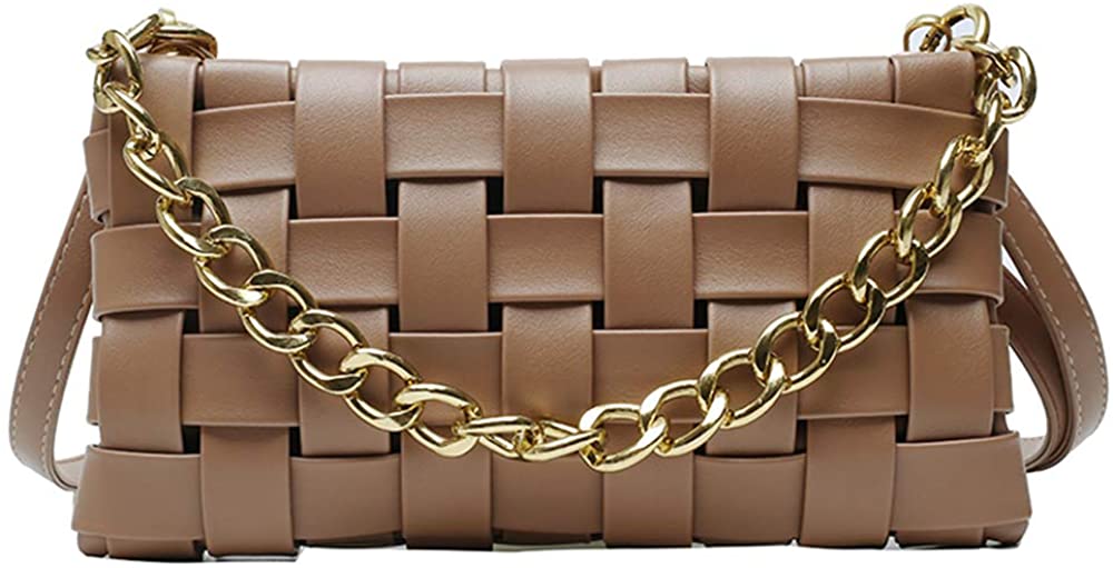 Price:$25.99 YDKW Fashion Shoulder Bag for Women Woven Crossbody Bag Top Handle Handbag with Chain (khaki)  Handbags   