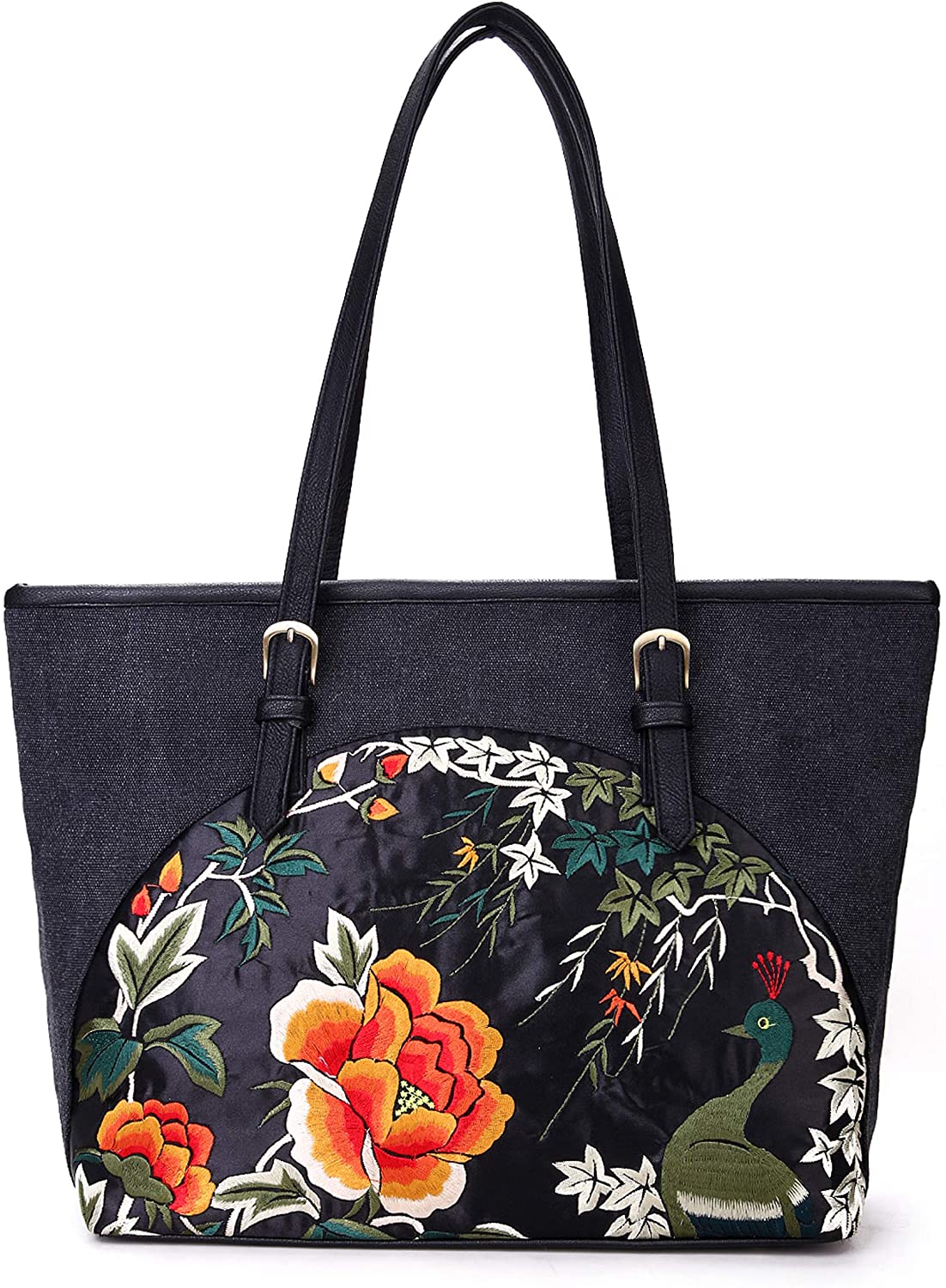 Price:$29.92    Women Casual Shoulder Bag Fashion Bag Peacock Embroidered Handbag, Travel Tote Canvas Shoulder Bag Work Bag (Gray)  Clothing