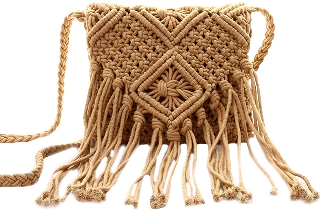 Price:$15.99    Vintage Womens BOHO Shoulder Bag Macrame Crochet Purse Cotton Tassle Hippie Style Brown  Clothing
