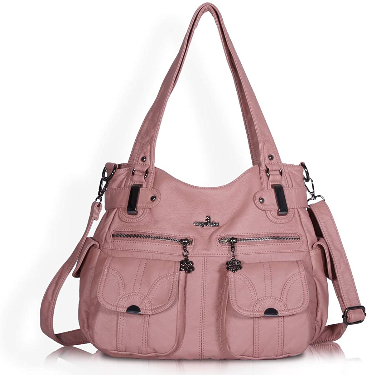 Price:$39.99    Women Handbags Shoulder Bags Washed Leather Satchel Tote Bag Mutipocket Purse (5739 Pink)  Clothing