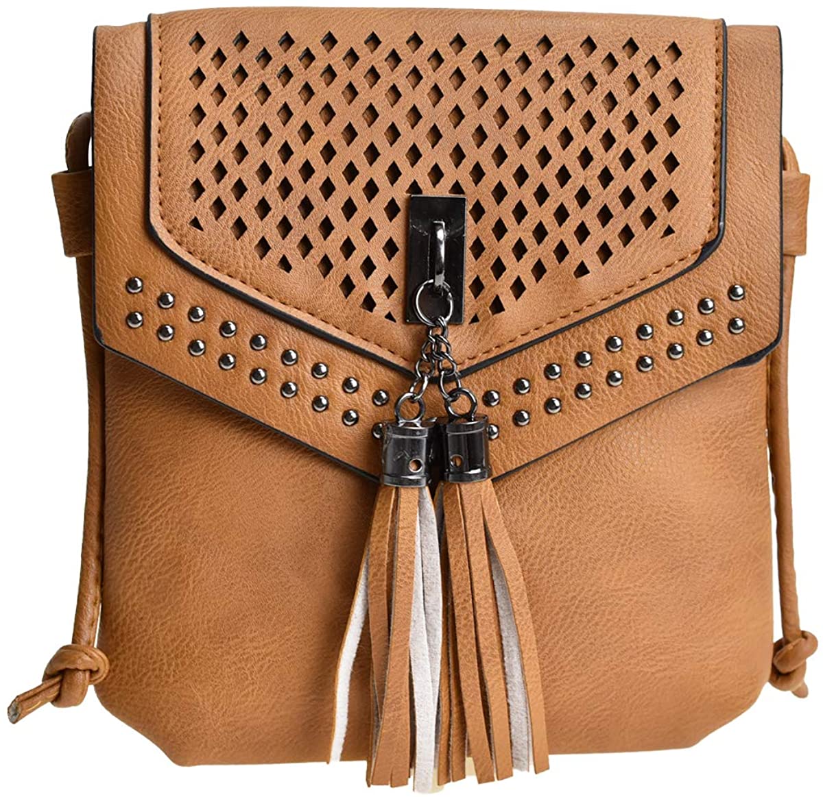 Price:$16.99 Studded Tassel Crossbody Bag for Women and Girls Hollow Out Sling Leather Shoulder Bag (khaki)  Handbags   