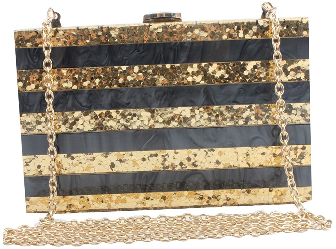 Price:$25.99    LETODE Stripe Shiny Acrylic Gold Evening Clutch Box Bag Women Wedding Banquet Party Handbags Chain Shoulder & Crossbody Bags Top (Black)  Clothing