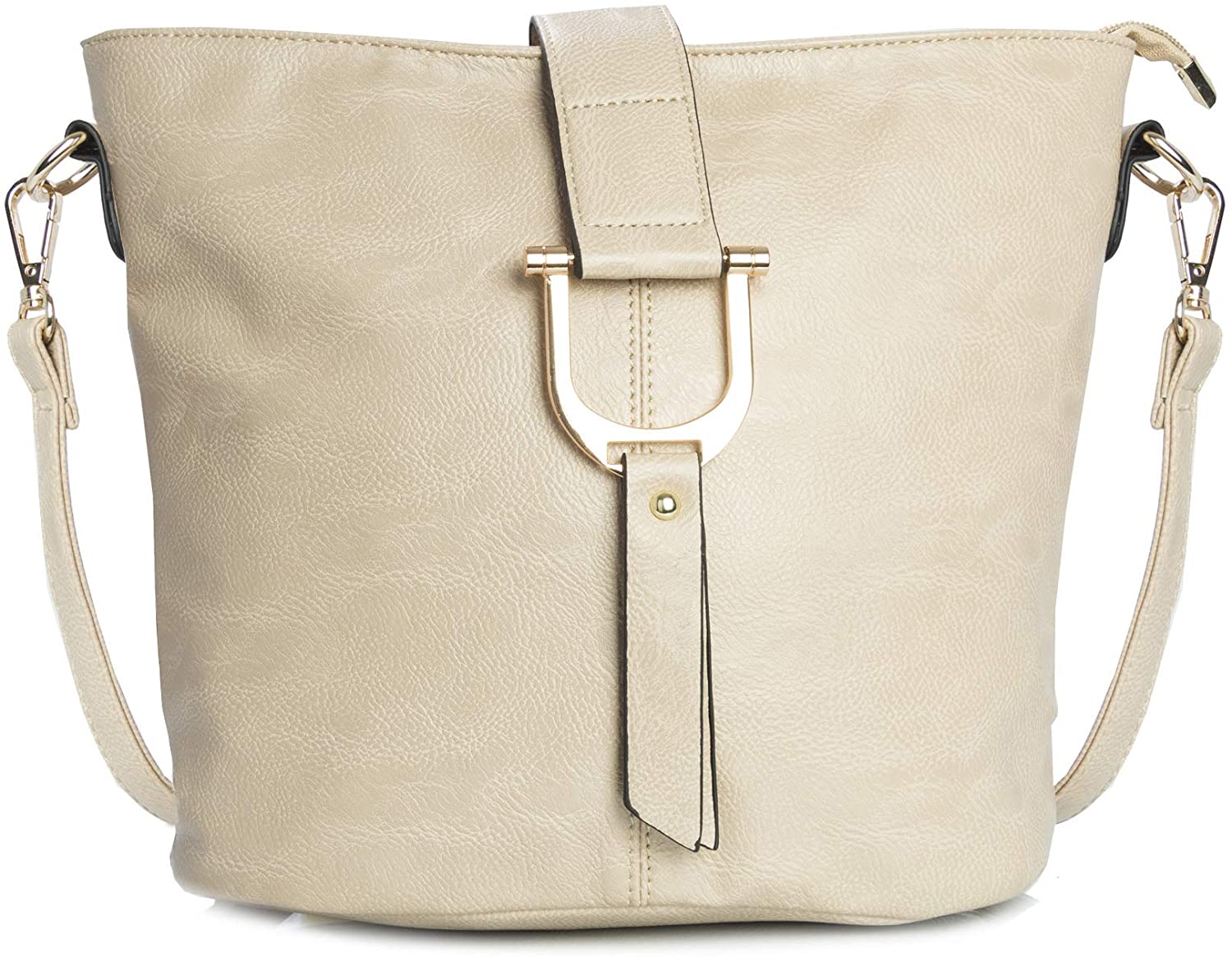 Price:$29.99 Womens Bucket Shape Small Handbag - Faux Vegan Leather Everyday Bag with Long Shoulder Strap - Frankie (Beige)  Handbags   