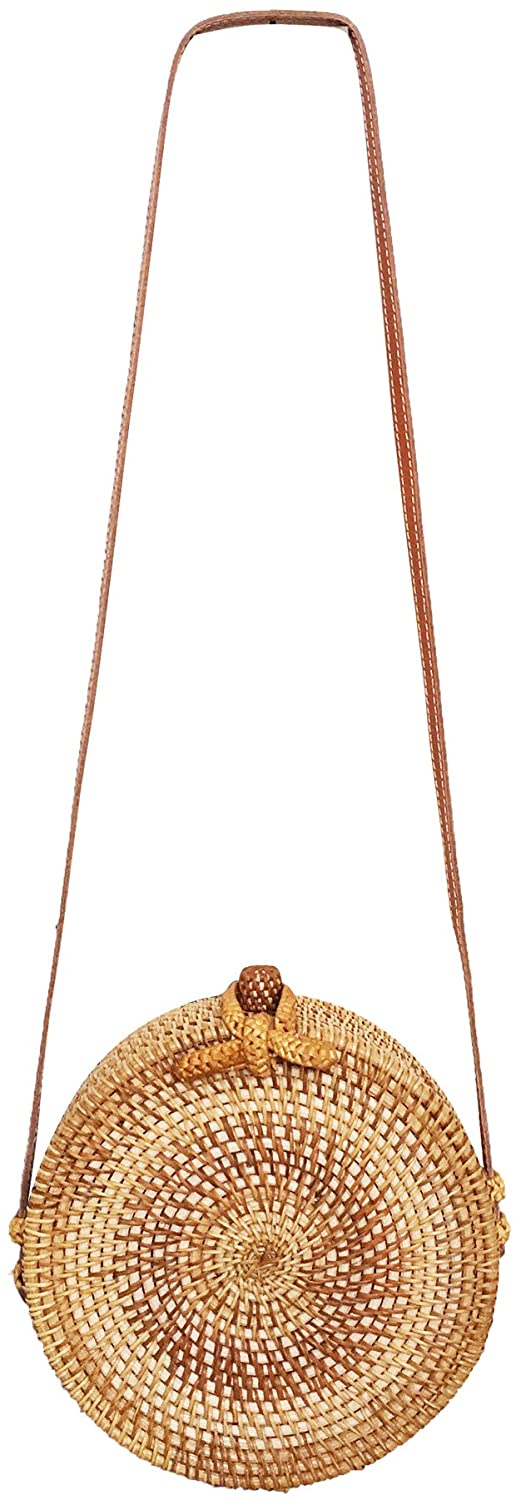 Price:$16.99 BeneAlways Hand-Made Round Rattan Women Shoulder Handbag Genuine Leather Shoulder Strap Women Handbag (Bowknot)  Handbags   