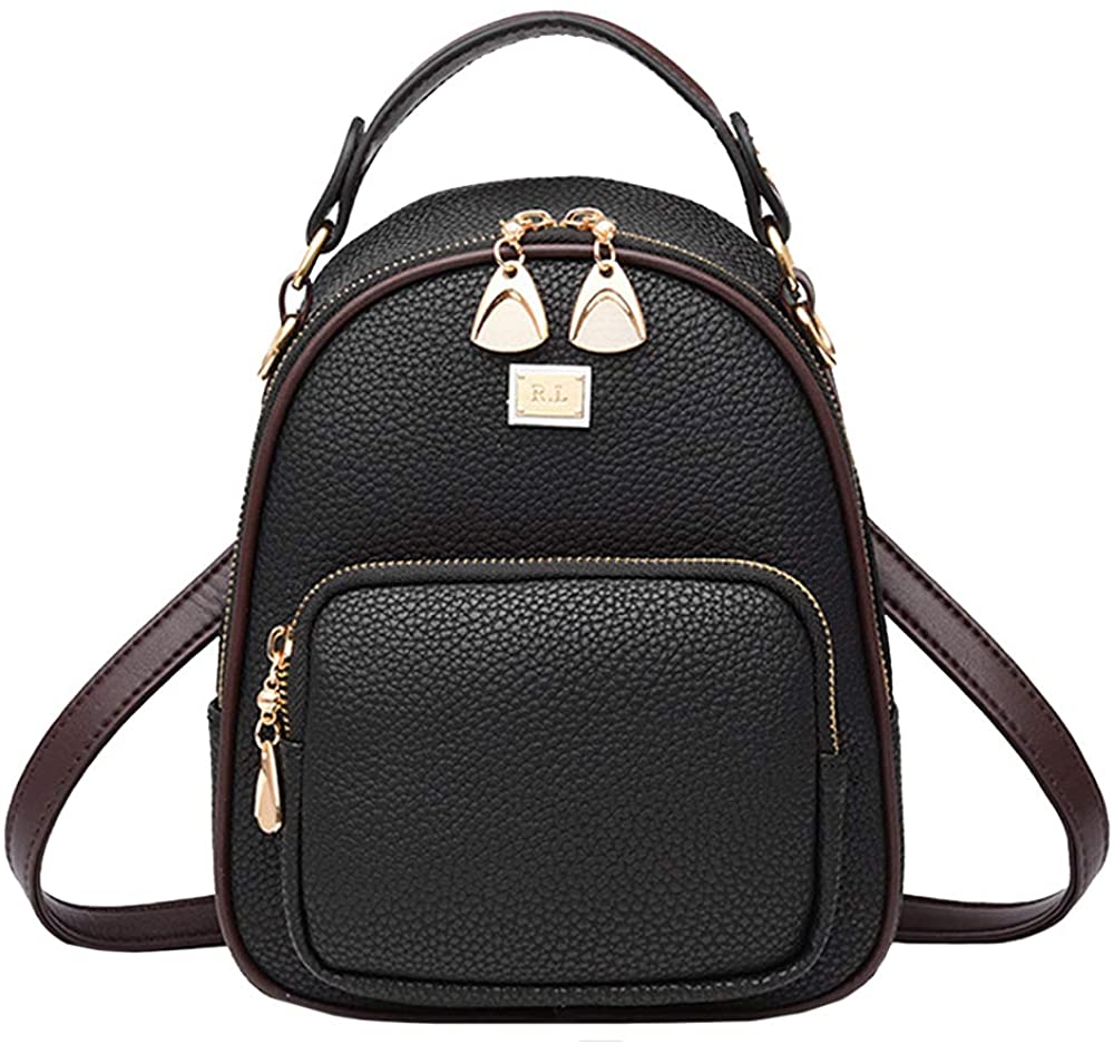 Price:$23.99 Dolce Na Leopard Print/Solid Color Backpack Purse Mini Leather Daypack Convertible Shoulder Bag for Women Girls, Black  Handbags   