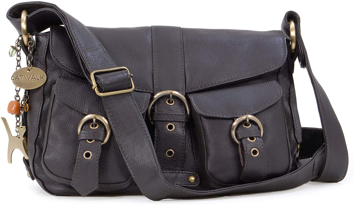 Price:$69.95 Catwalk Collection Handbags - Ladies Leather Cross Body Bag - Adjustable Shoulder Strap - LOUISA - Dark Brown  Handbags   