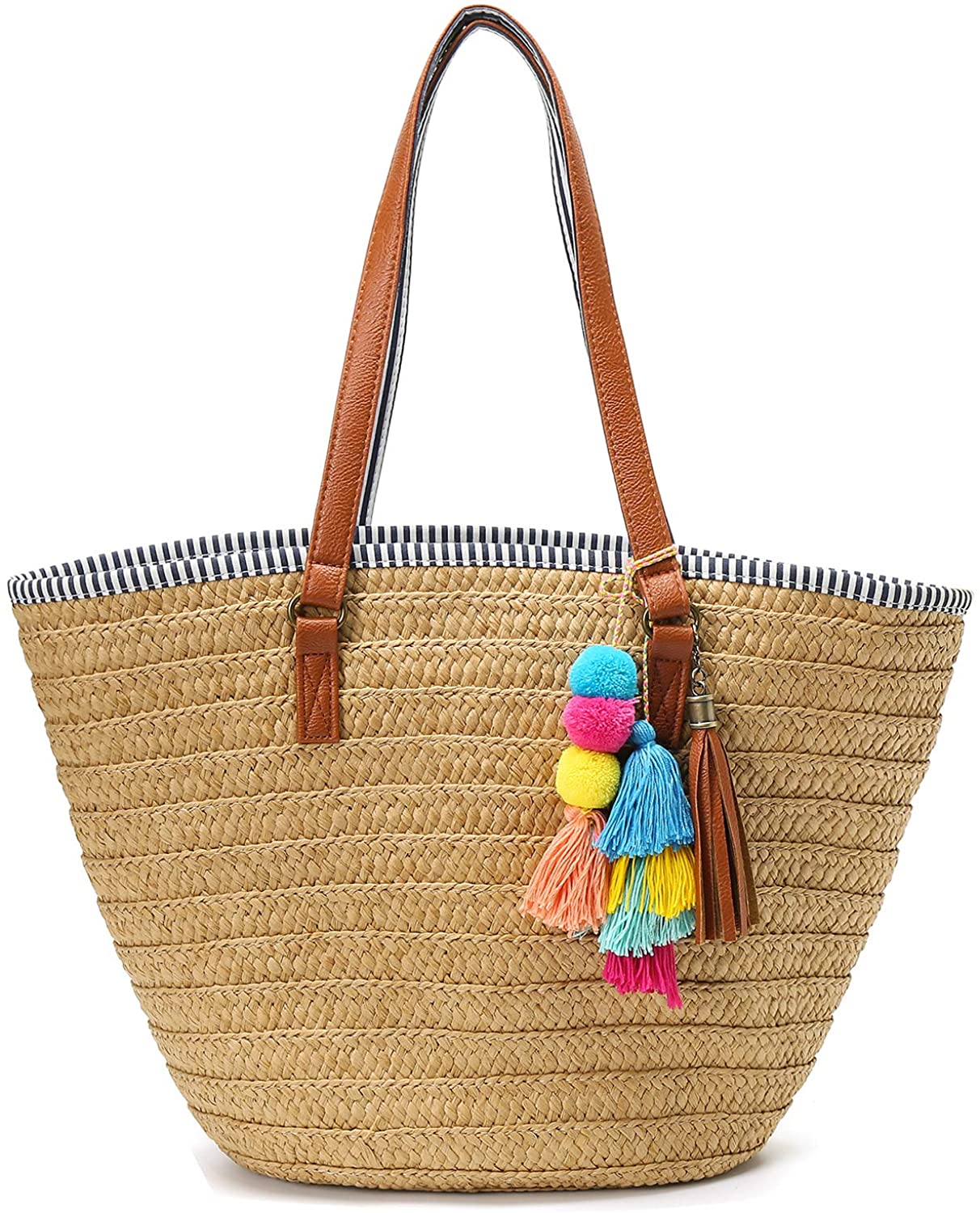 Price:$26.99    Obosoyo Straw Bags Beach Bag for Women Large Round Wicker Tote Bags Pompom Shoulder Bag Summer Purse A-Khaki  Clothing