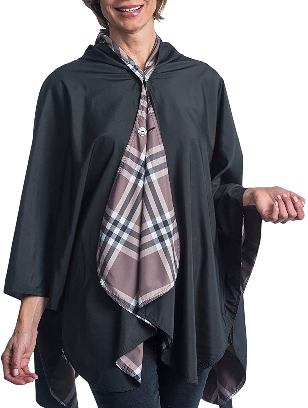 Price:$64.95    RainCaper Rainproof Rain Poncho for Women - Ultrasoft Reversible Fashion Colors (Black & Plaid) Rain Rolls Right Off!  Clothing
