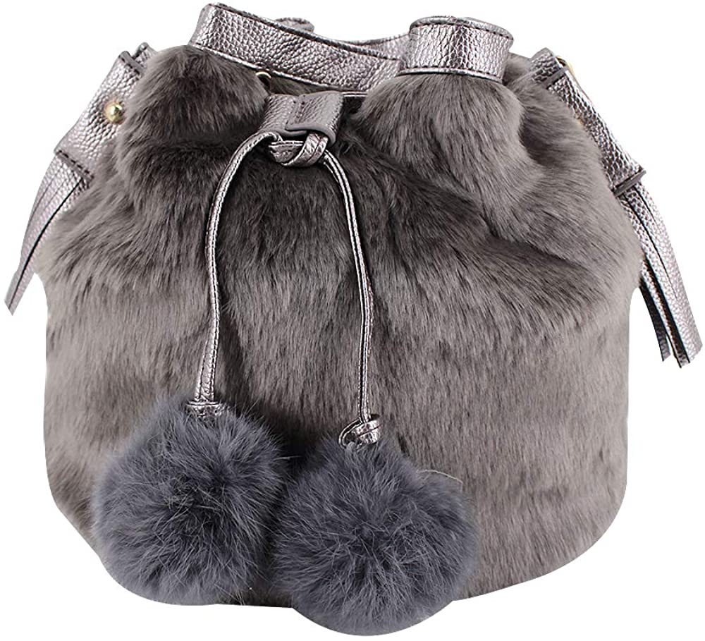 Price:$18.00 Goodbag Women Fashion Faux Fur Bucket Bag Tassel Drawstring Crossbody Bag Pompon Shoulder Bag Handbag  Handbags   