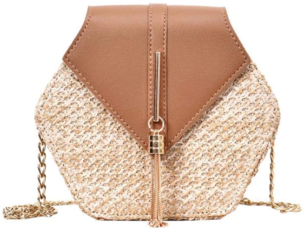 Price:$15.99 Puedo Exquisite Handmade Straw Bag Women Rattan Woven Shoulder Bag Summer Beach Crossbody Bag With Chain, Brown, One Size  Handbags   