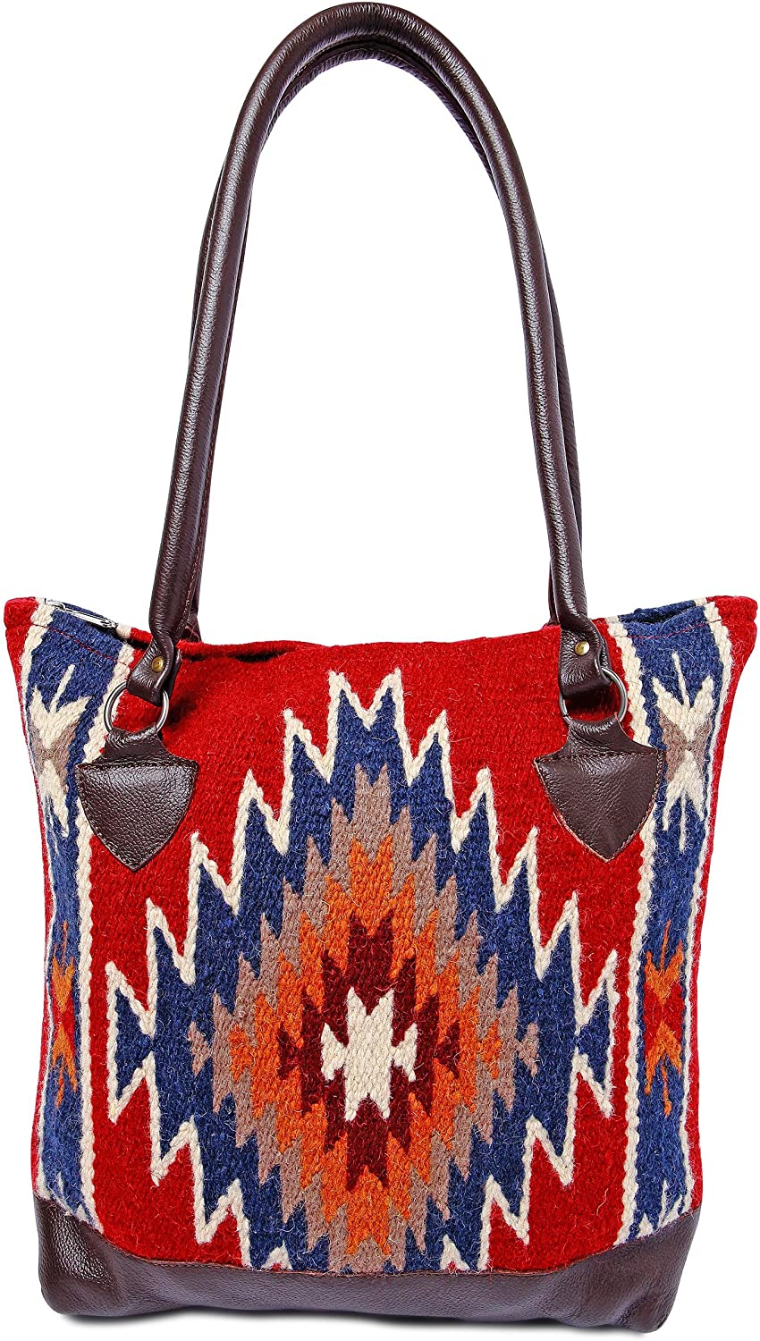 Price:$69.99    Genuine Leather Large Eco Friendly Tote Bag, Native American Styles on Hand-Woven Wool (Patriot)  Clothing