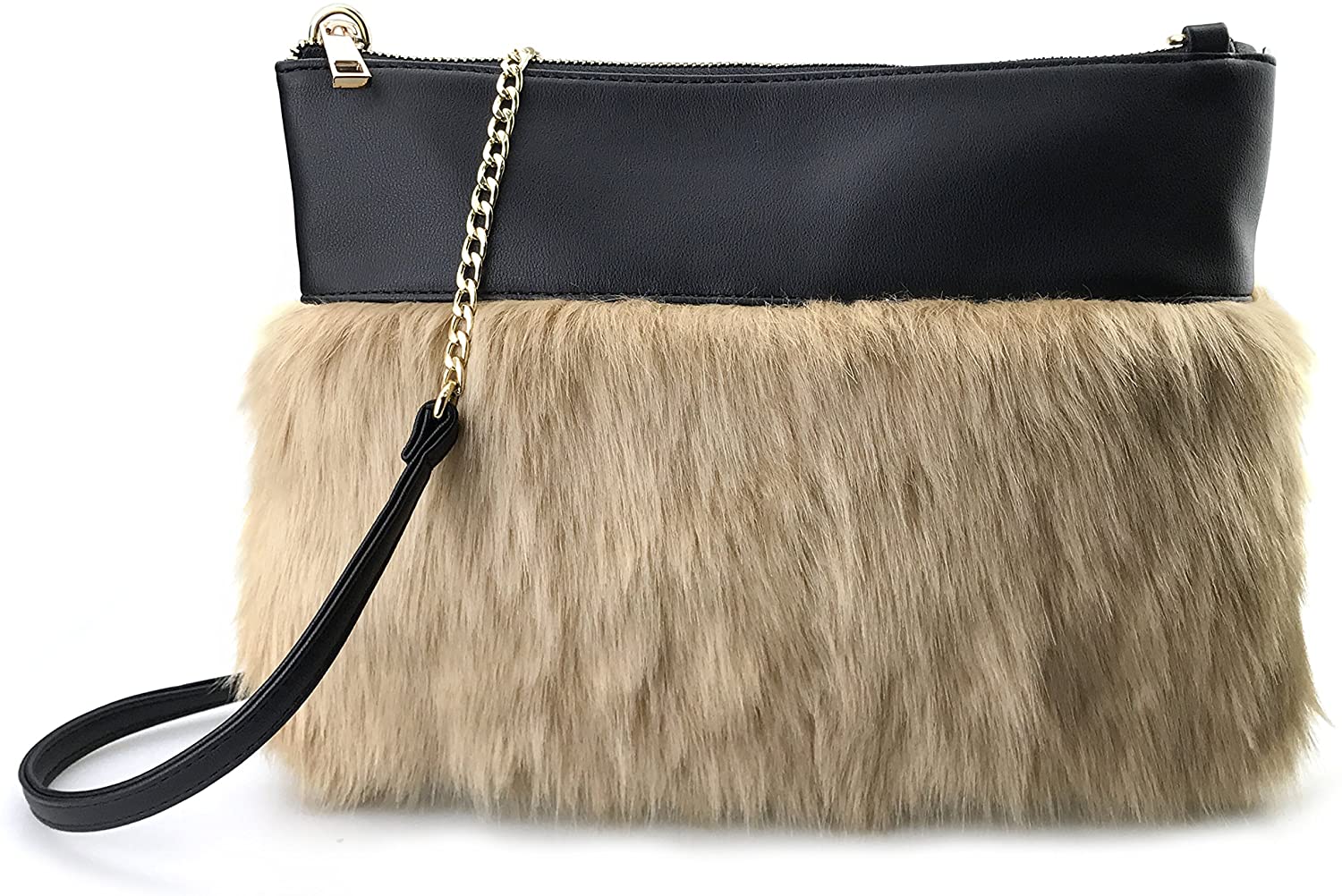 Price:$25.00 Two-tone Faux Fur And Texture Leather Shoulder Bag For Women (Black Leather)  Handbags   