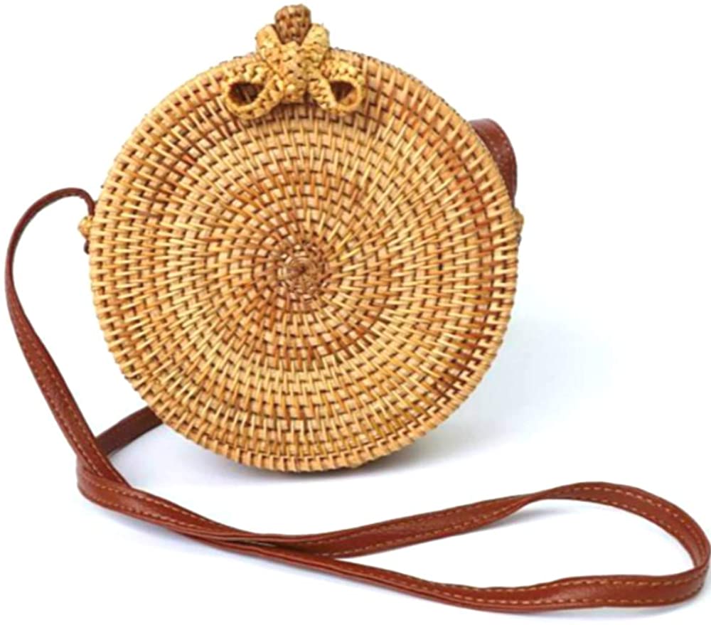 Price:$27.59 Kbinter Handwoven Round Rattan Straw Bag for Women Shoulder Leather Button Straps Natural Chic Handmade Boho Bag Bali Purse (Bow-Tie)  Handbags   