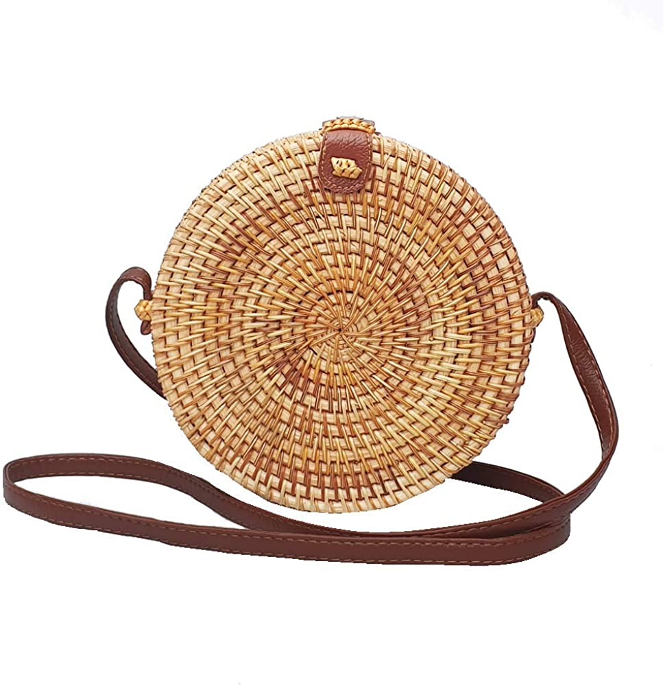 Price:$25.00 SAIGON CHIC Handwoven Round Rattan Bag Shoulder Leather Straps Natural Chic | Hand Woven Straw Crossbody Wicker Purse for Women  Handbags   