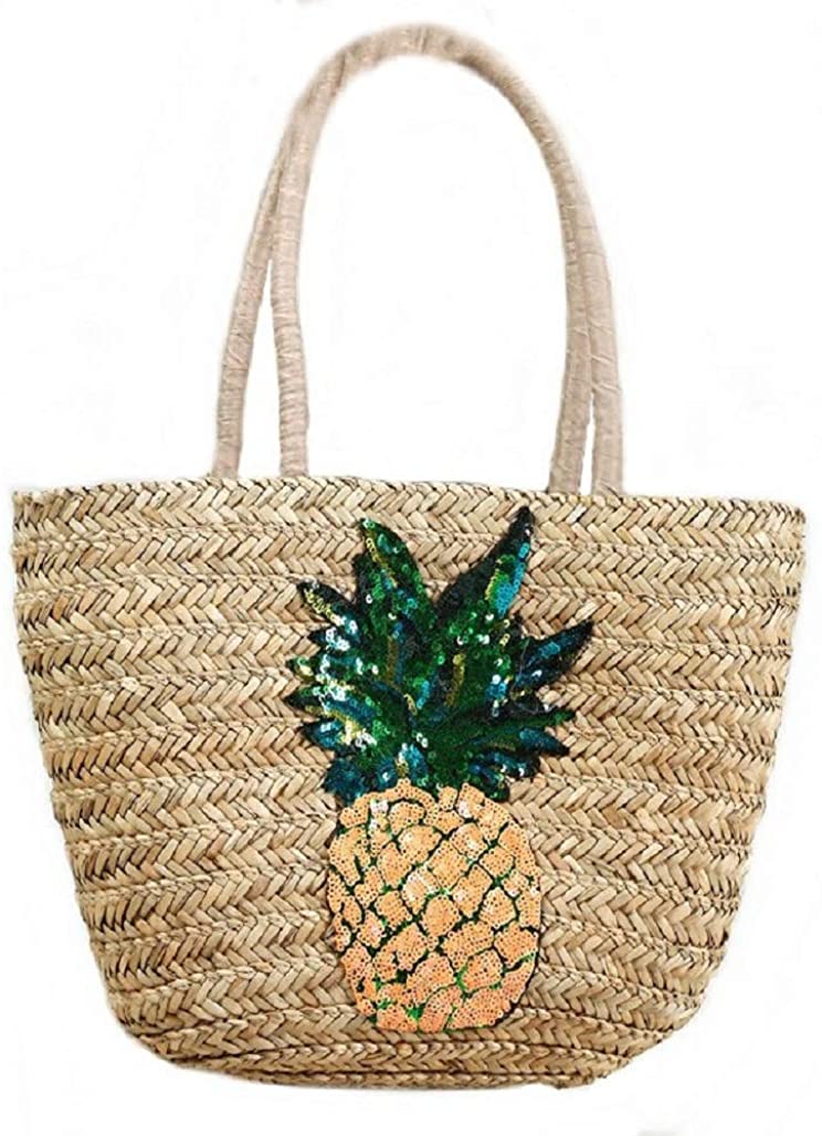 Price:$31.99 Aiello’s Story Straw Weave Handbag Sequined Pineapple Beach Grass Woven Shoulder Bag Bohemian Style Travel Straw Tote Bag (Natural color)  Handbags   