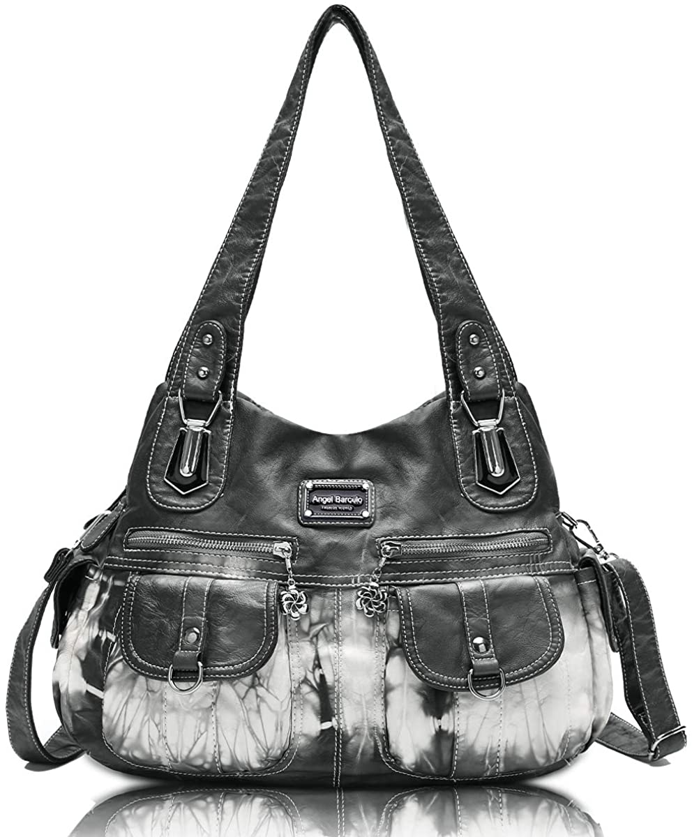 Price:$36.99    Angel Barcelo Women Top Handle Satchel Handbags Shoulder Bag Messenger Tote Washed Leather Purse Grey  Clothing