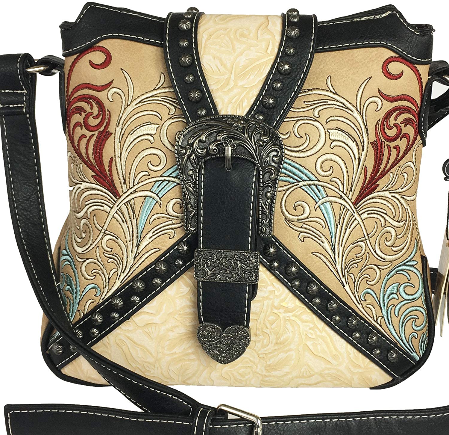Price:$39.97    Lifestyle Banquet Concealed Carry for Purse, Beige Embroidered with Multiple Compartments and Crossbody Strap  Clothing