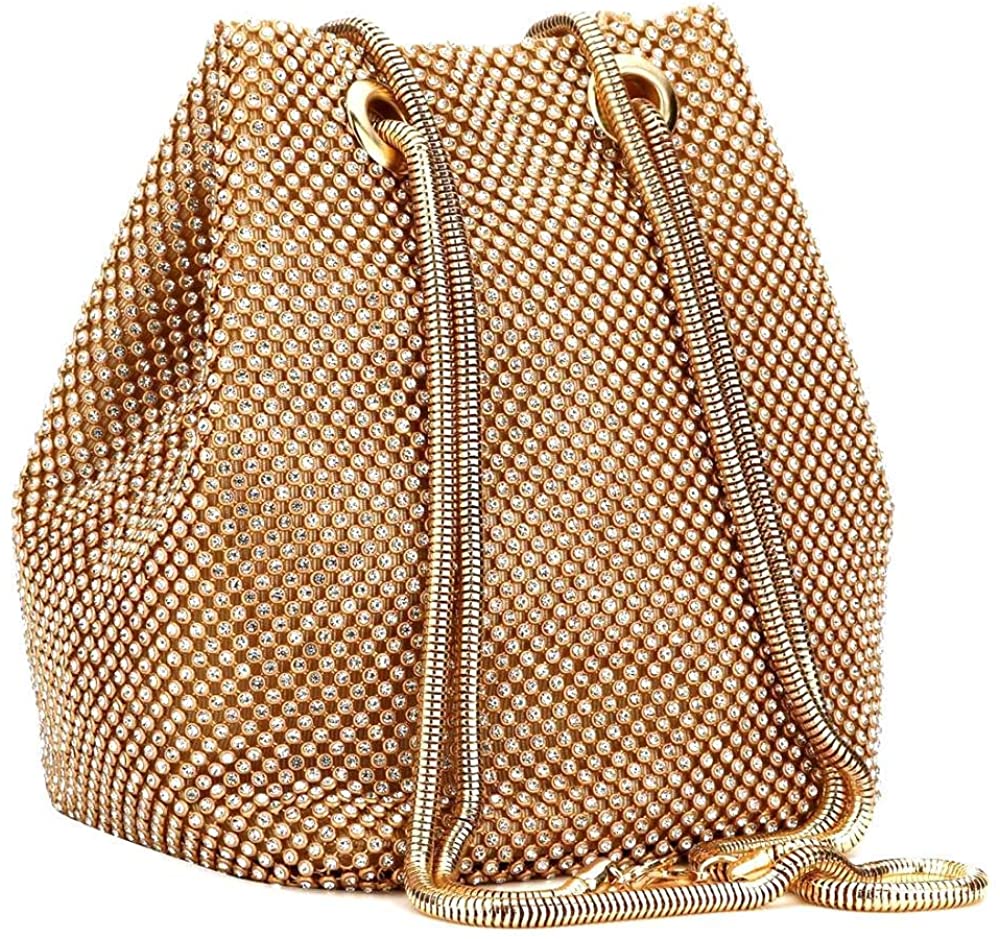 Price:$13.99 JUER Women's Evening Bags Crystal Rhinestone Clutches Shoulder Mini Bucket Bag Cross-body Purses for Party and Prom Wedding (Gold)  Handbags   