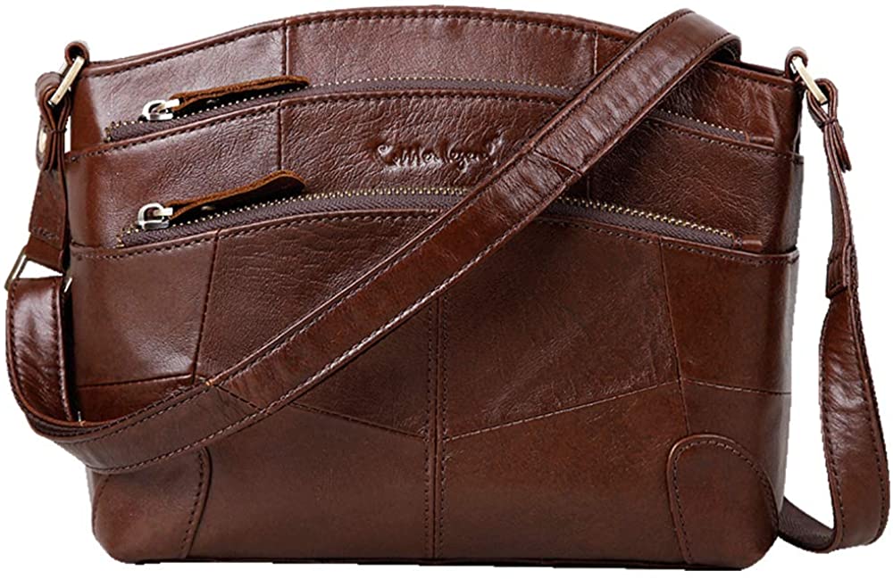 Price:$28.99 Genuine Leather Triple Zip Pocket Purse Crossbody Zipper Shoulder Bag for Lady  Handbags   