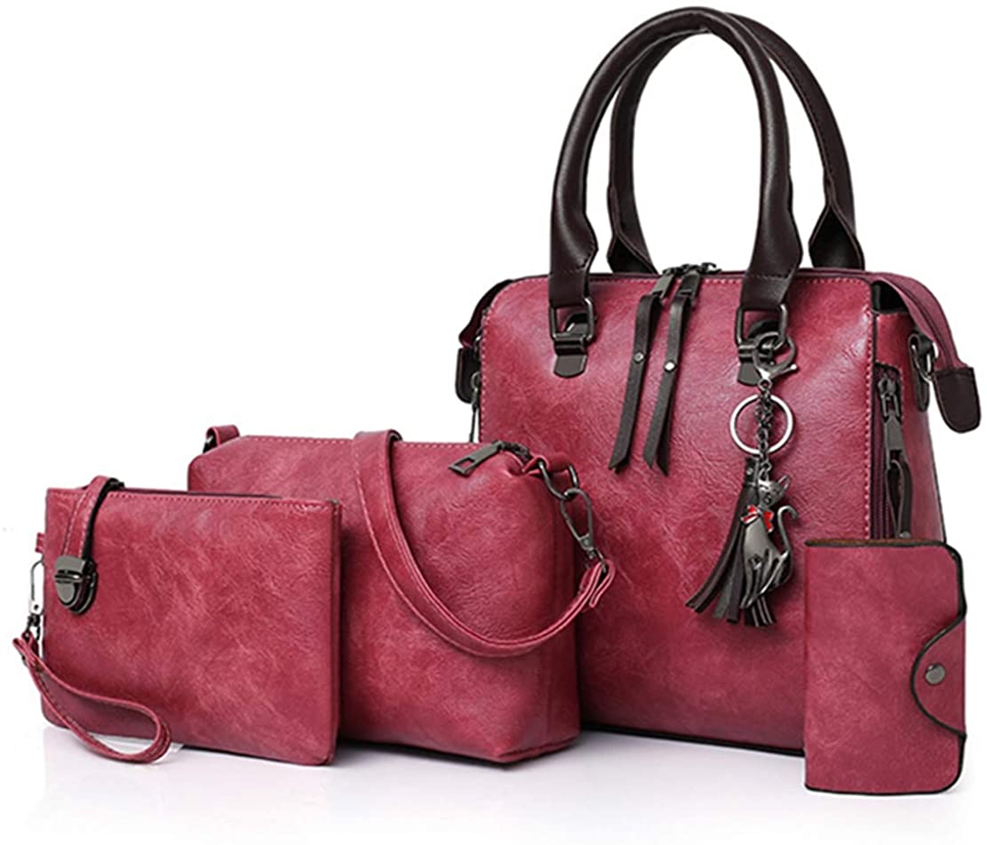 Price:$35.99 Women's Tassel Shoulder Bags Retro Simple Handbags Wallets Crossbody Multipurpose Bags Set 4 pcs (Pink)  Handbags   