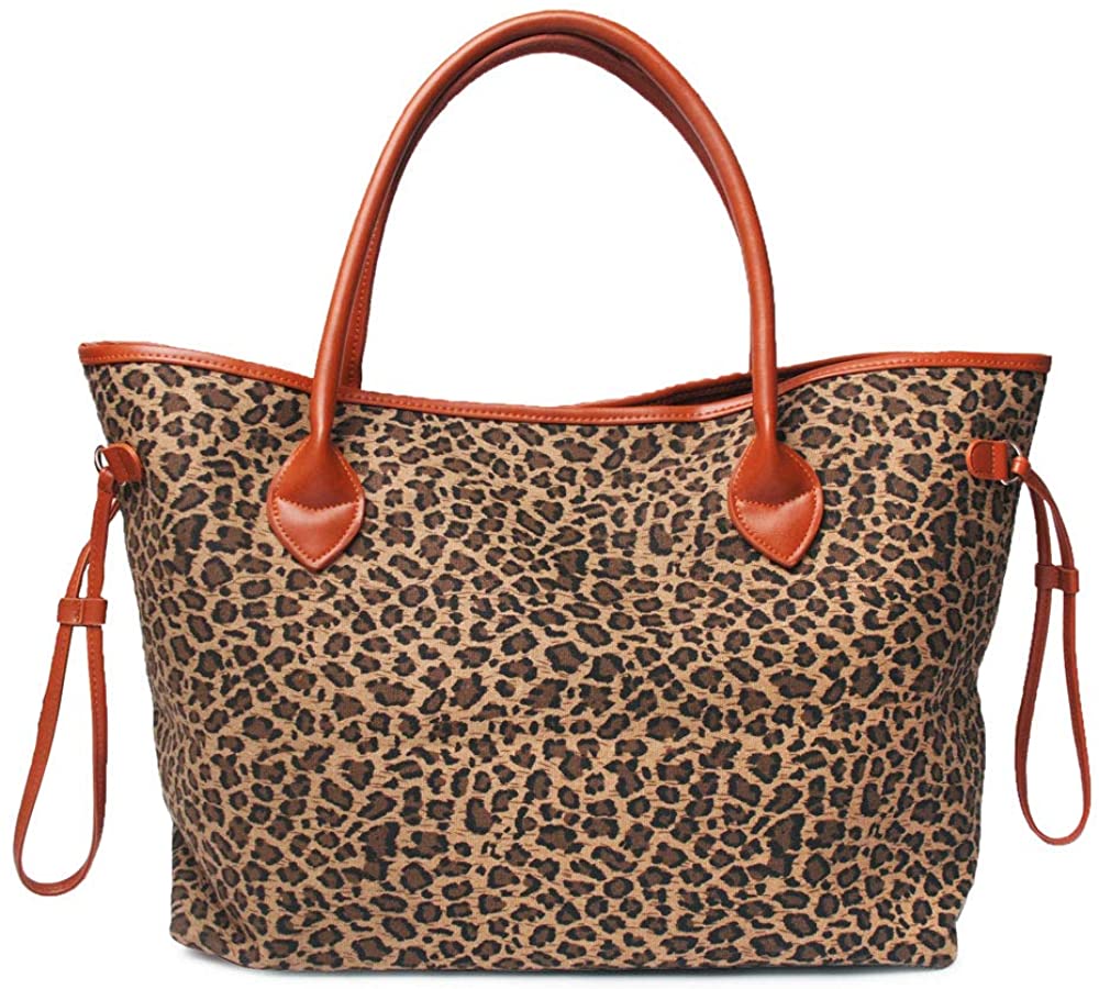 Price:$27.74    Oversized Women Canvas Casual Tote Bag Leopard Cheetah Print Handbag with Faux Leather Handle (Light Brown)  Clothing