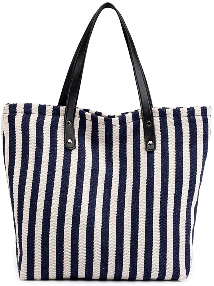 Price:$19.99    Women's Striped Canvas Shoulder Bags Top Handle Beach Handbag  Clothing