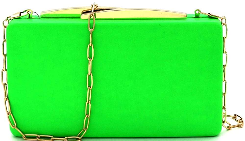 Price:$27.95 Trendy Cute Slim Thin Hard Frame Boxy Neon Color PU Leather Clutch Chain Crossbody Shoulder Bag Party Wedding Prom  Handbags   
