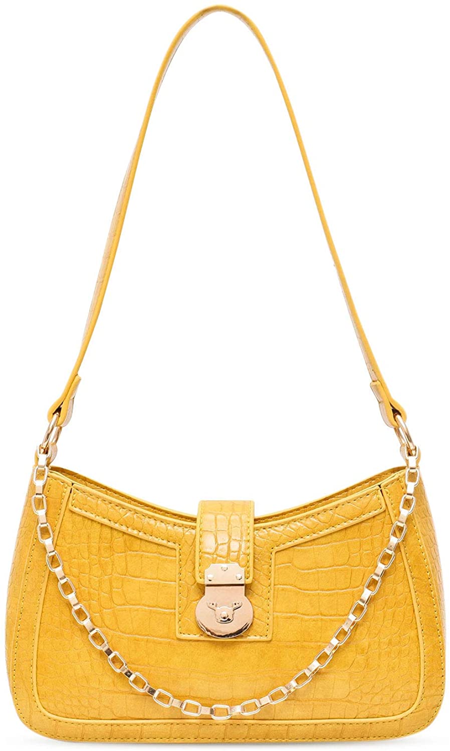 Price:$24.98 Women Shoulder Bag Crocodile Pattern Luxury Chic Chain Bag with Zipper Yellow  Handbags   