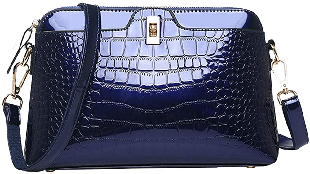 Price:$35.99 Sherry Handbag Women Fashion Alligator Shoulder Bag Patent Leather Tote Purse(Dark Blue)  Handbags   