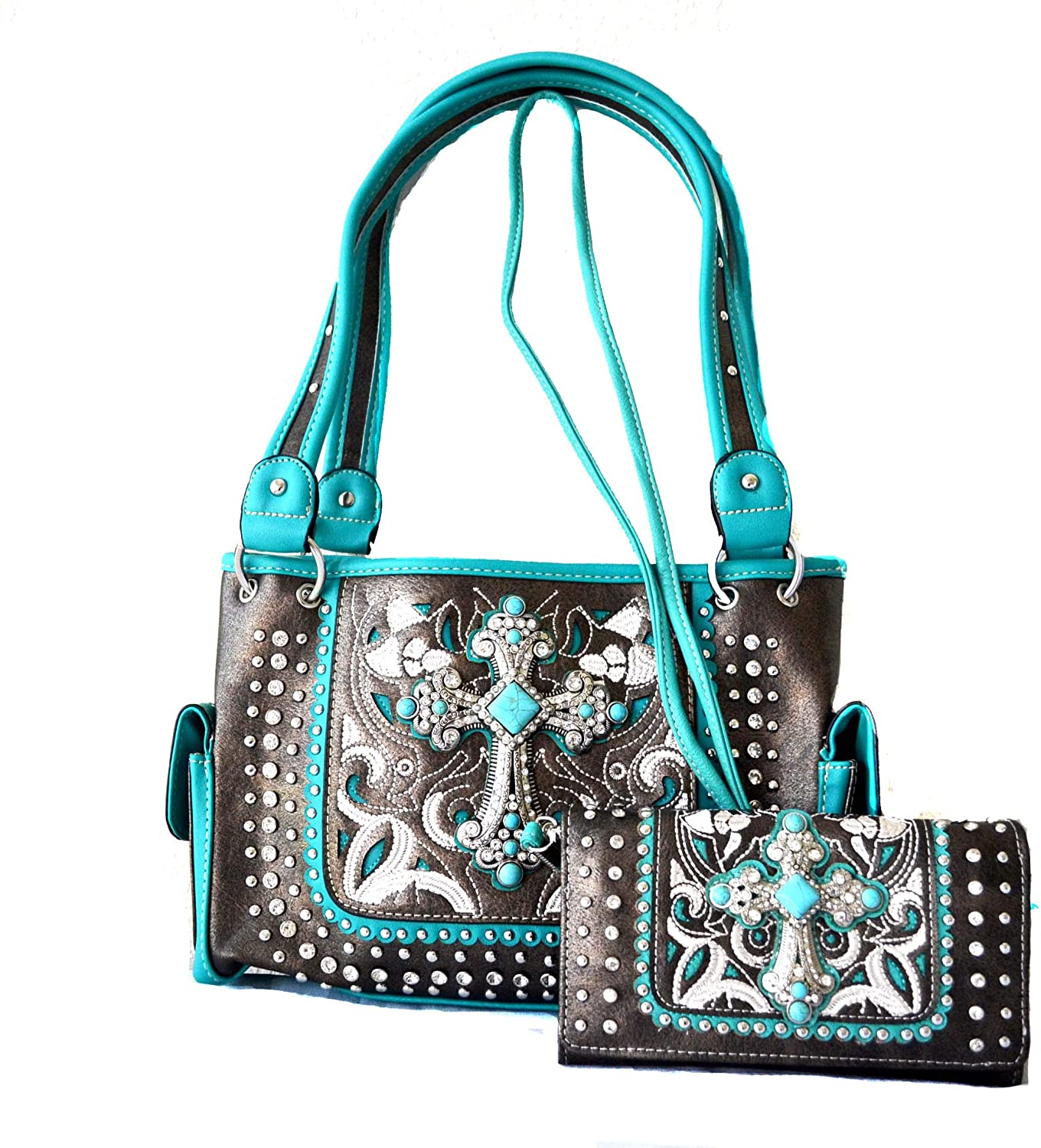 Price:$59.99 Western Style Cross Leather Purse Handbag Shoulder Bag Wallet Set Concealed Carry (Grey)  Handbags   