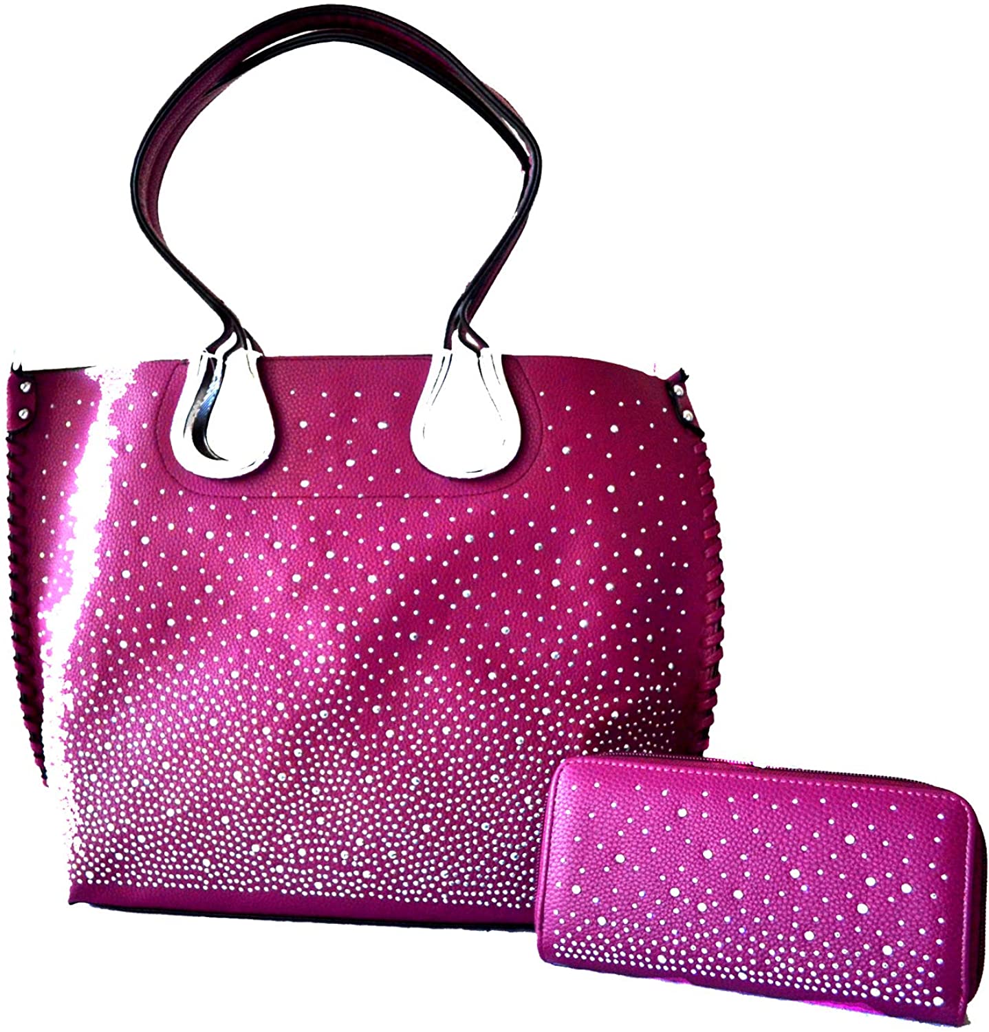 Price:$59.99    Stony West Rhinestone Studs Large Tote Shopper Top handle Shoulder Handbag with Matching Wallet Set (Purple)  Clothing