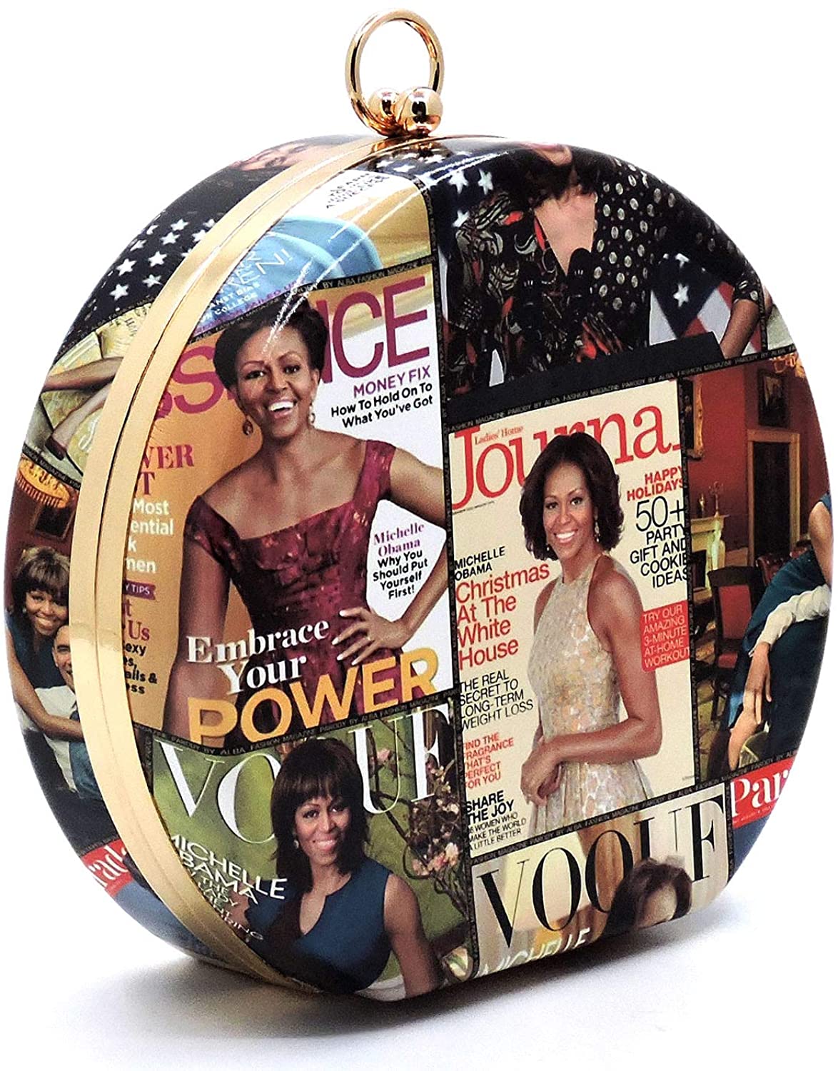 Price:$13.11 Glossy Magazine Cover Collage Michelle Obama Printed Round Hard Clutch Bags With Chain Shoulder Strap (Multi)  Handbags   