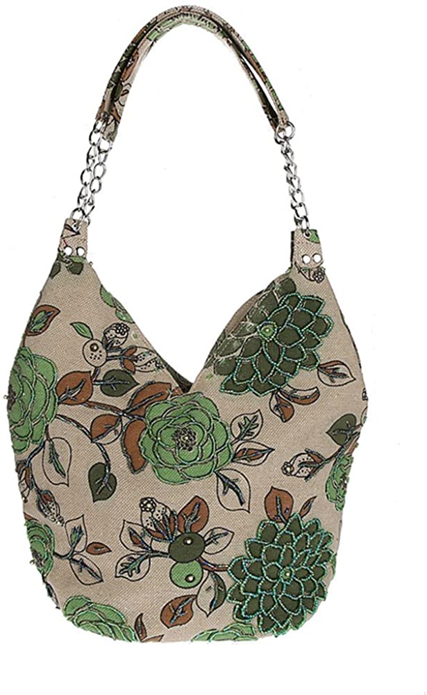 Price:$28.99 Pulama Handmade Blooming Flowers Shoulder Bag, Vintage Handbag in Leisure Village Life (Green)  Handbags   