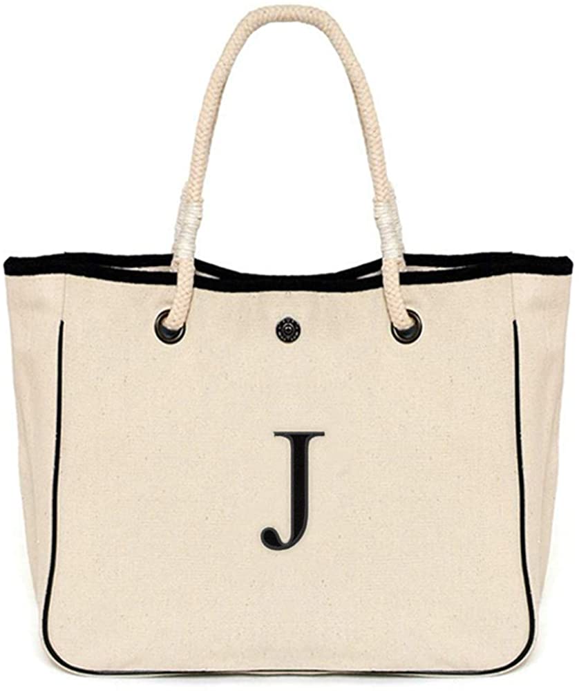 Price:$19.95    [ INITIAL - J ] Monogram Name Canvas Tote Shoulder Bag  Clothing