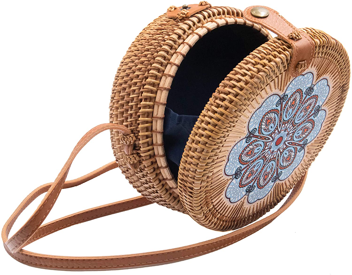 Price:$27.00 Women's Round Rattan Handwoven Crossbody and Shoulder Bag Handmade Straw Purse with Vegan Leather Straps Classy Chic by MyMetier  Handbags   